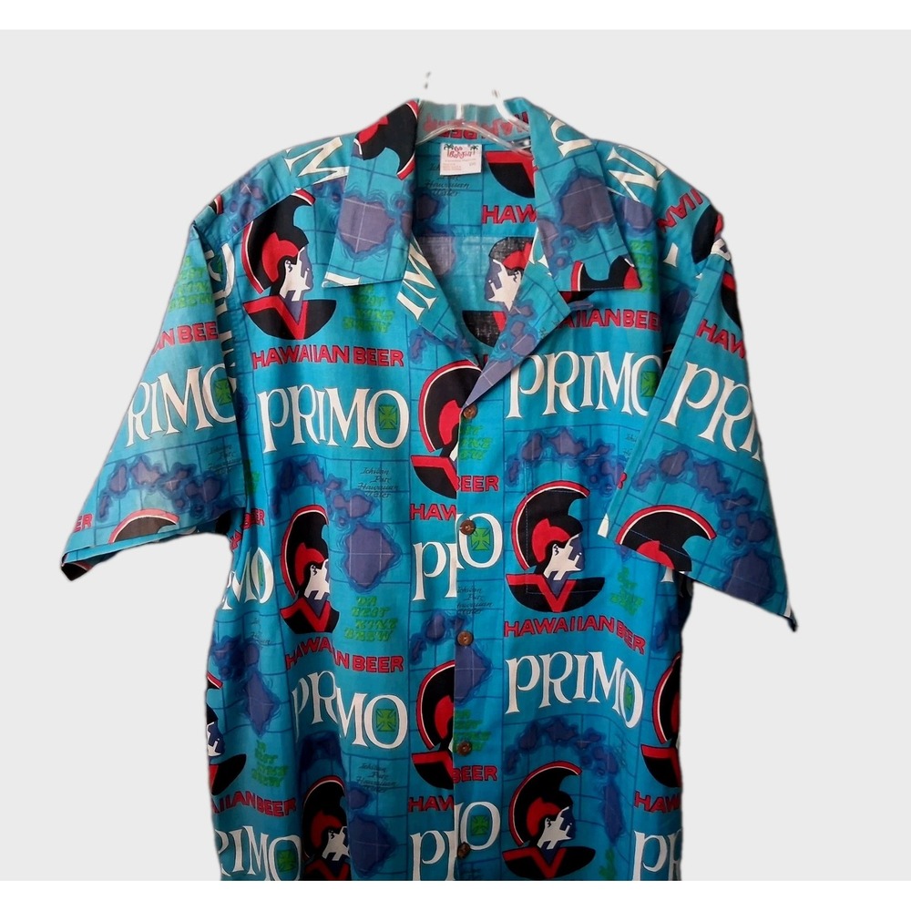 Vintage 90s Primo Hawaiian Beer Shirt Go Barefoot Mens 2XL All Over Print USA